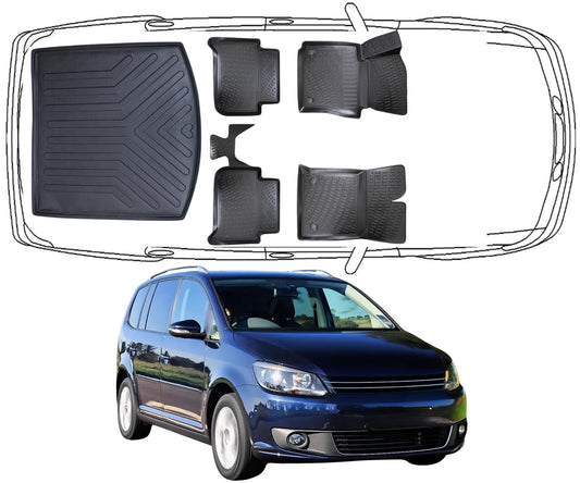 3D Fußmatten & Kofferraumwanne Auto Set Kompatibel mit VW Touran 1.Gen 2003 - 2015 1800