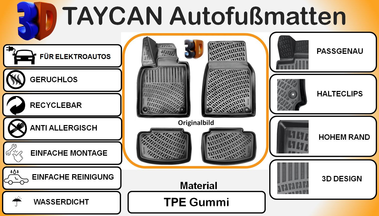 Kompatibel mit PORSCHE TAYCAN (e-Autos) Autofußmatten  Auto Gummimatten Automatten