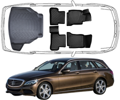 Set Autofußmatten und Kofferraummatte kompatibel mit Mercedes C Klasse W205 Kombi (2014 - 2021)